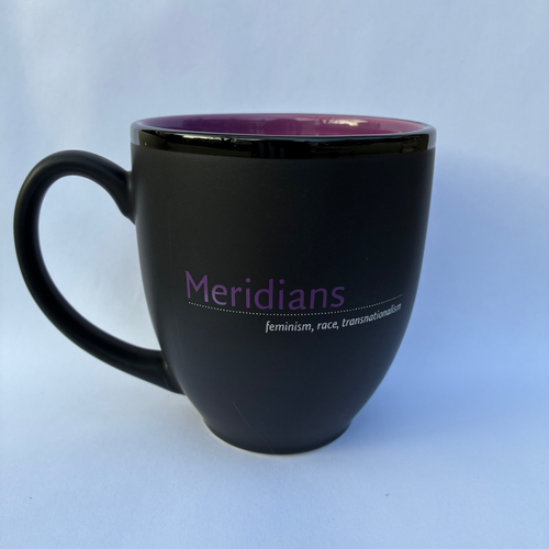 Black mug with 'Meridians' text on a white background