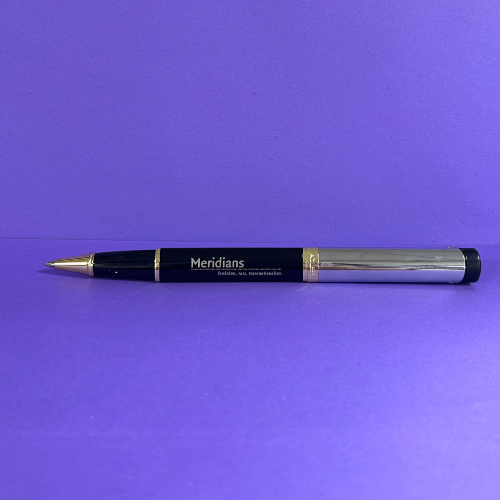 Pen with 'Meridians' branding on a purple background