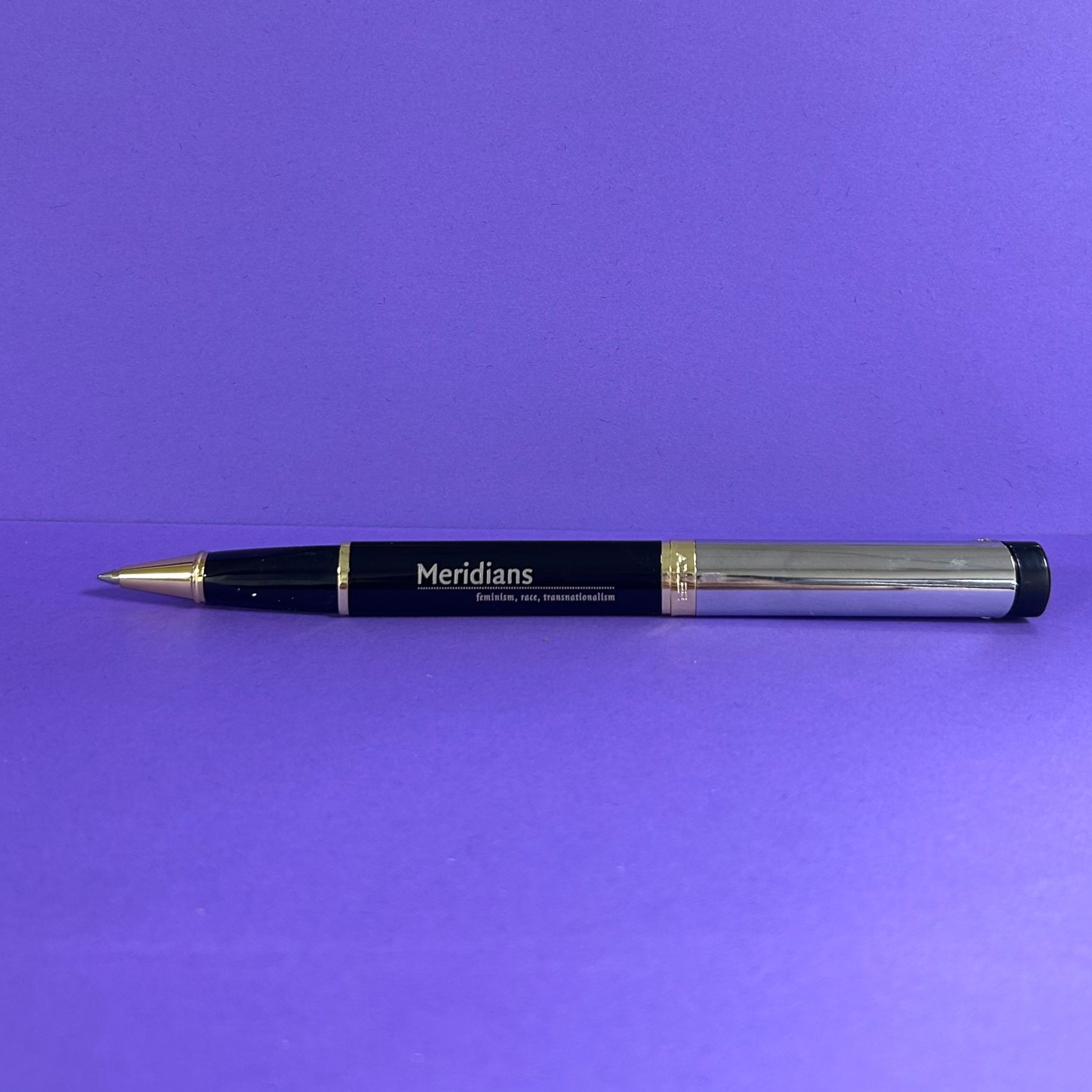 Pen with 'Meridians' branding on a purple background
