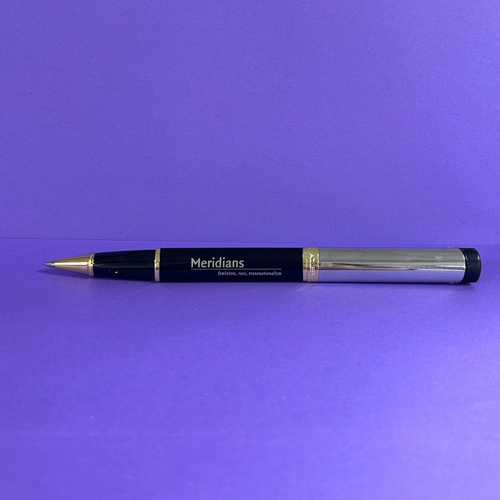 Pen with 'Meridians' branding on a purple background